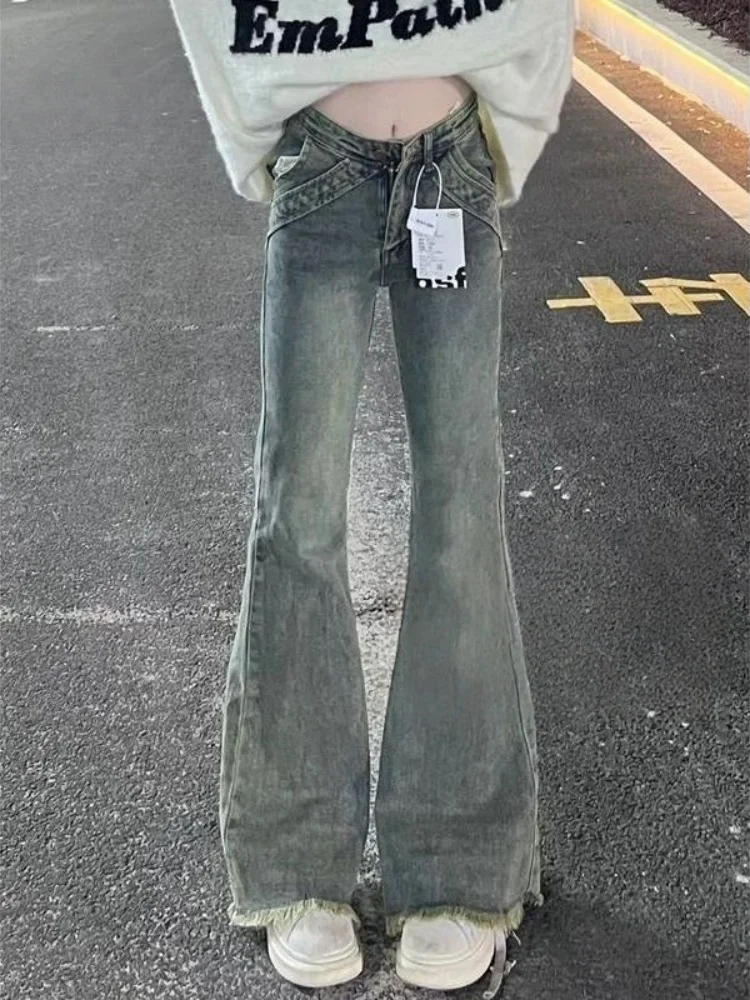 

Американские ретро-джинсы с высокой талией и расклешенными штанинами для женщин, весенняя новинка, большие размеры, утягивающие, с эффектом потертости, на молнии