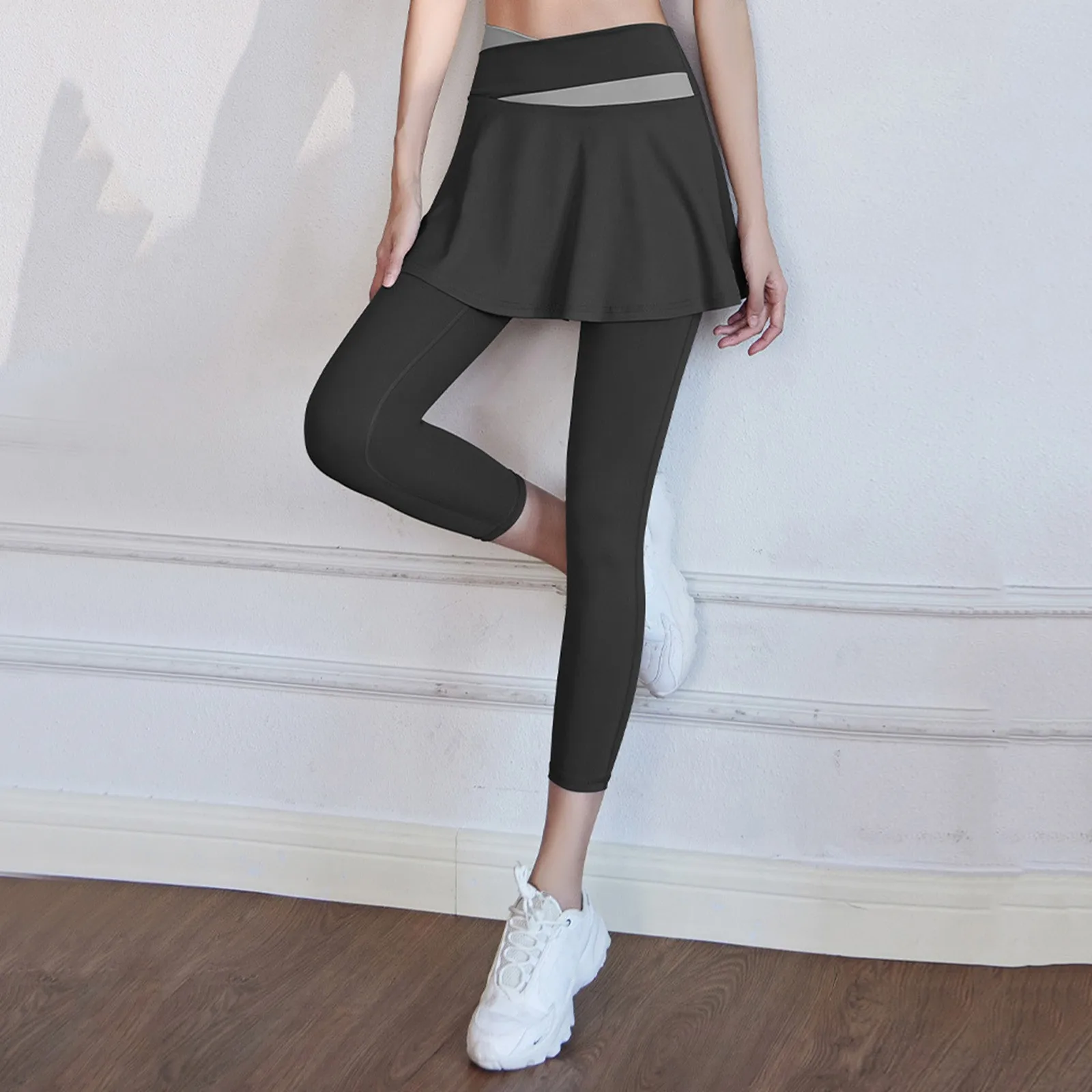 Sport Yoga Pants With Skirt Women Fake Two Pieces Sport Legging Gym Push Up Patchwork Crossover High Waist Tight Legging