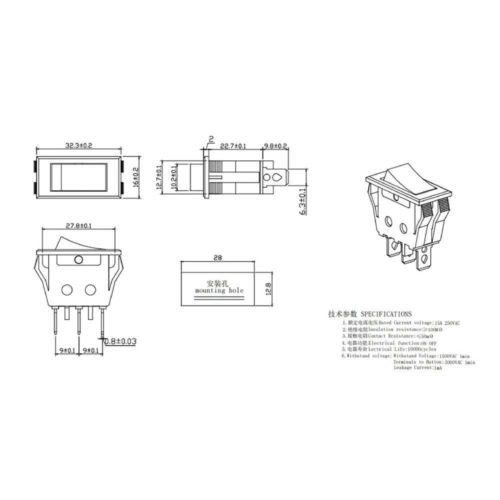 1PCS KCD3 3PIN Schwarz Rot taste Boot Schalter Rocker Schalter Ohne licht doppelseitige Große karte position AUF/OFF 16A 125/250VAC