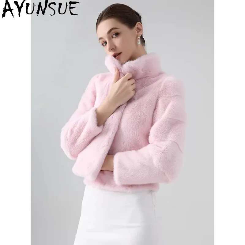 AYUNSUE معاطف الفرو الحقيقي للمرأة جواكت شتوية فاخرة امرأة الوردي ملابس خارجية معطف المنك كله ملابس امرأة Fourrures فام