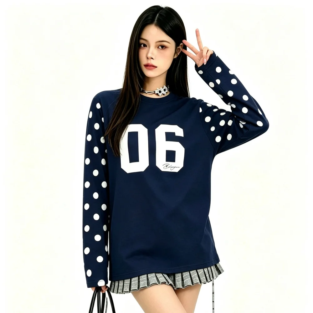 Women's Sweatshirt Korean Vintage Digital Print Polka Dot Patchwork Long Sleeve Tee Loose Unisex Sports Top S-L