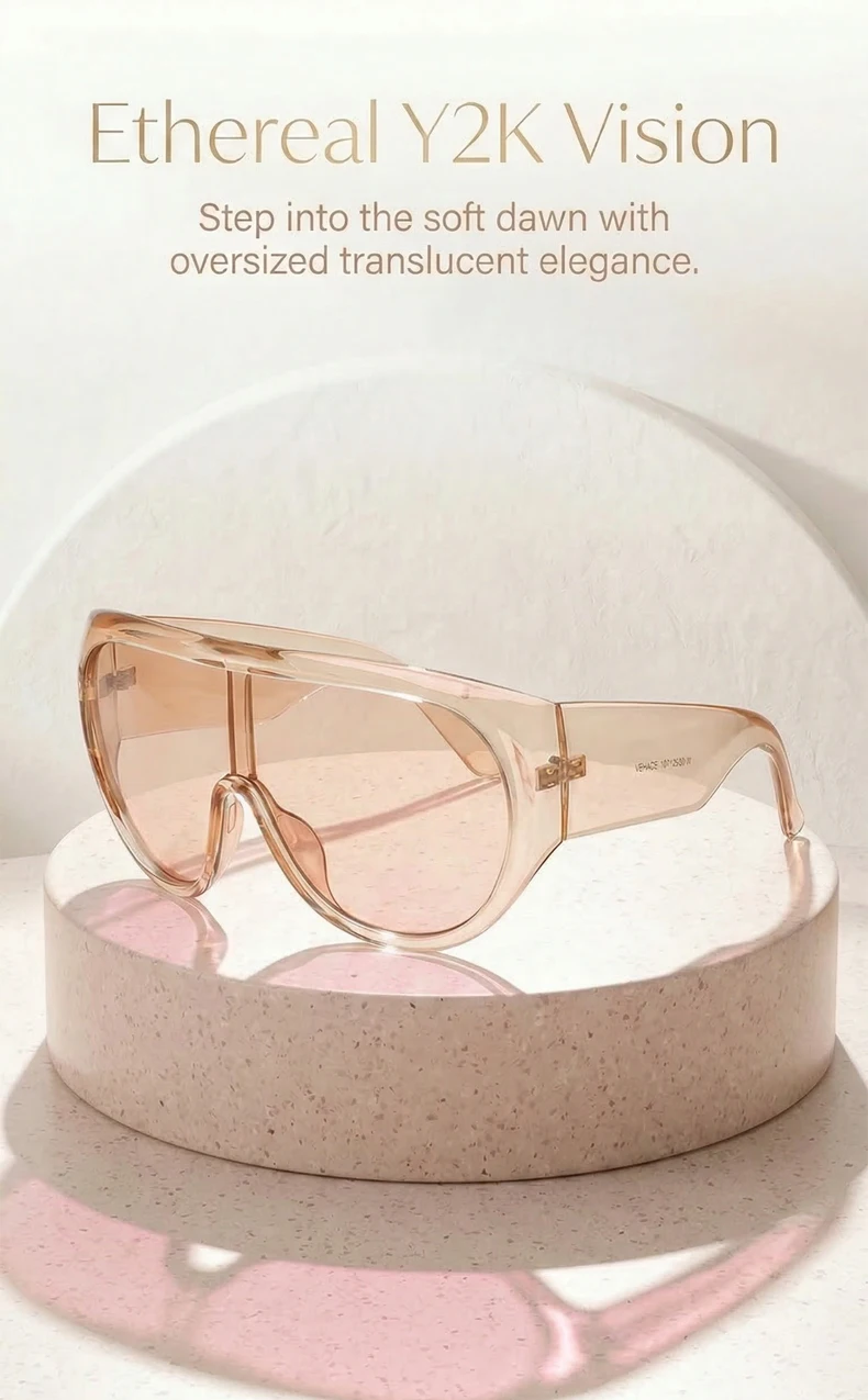 Übergroße Shield-Sonnenbrille für Damen, Y2K, futuristische einteilige Maskenbrille, transparent, braun, modische Schutzbrille, luxuriöses Design – Detail 1