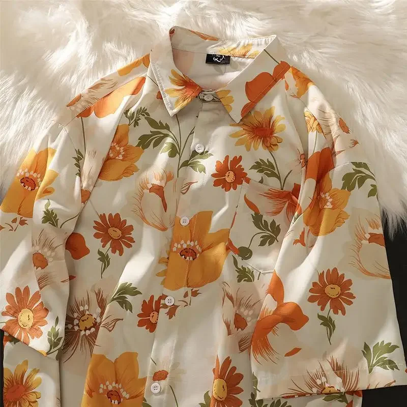 

Thai flower shirt for women summer thin shortsleeved threequarter sleeve sunscreen ice silk shirt Hawaiian seaside vacation wear