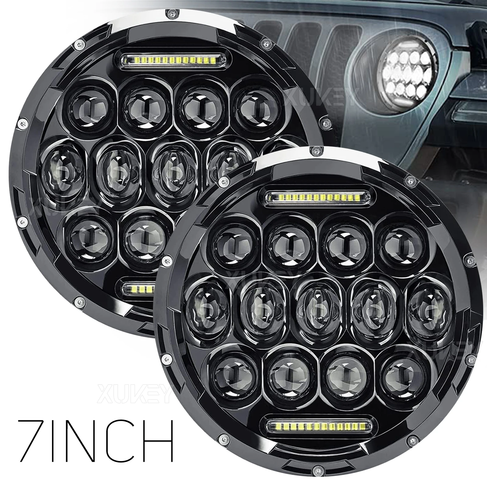 7Inch LED Projector Headlight Hi/Lo DRL Lamp For Wrangler JK TJ LJ CJ Motorcycle