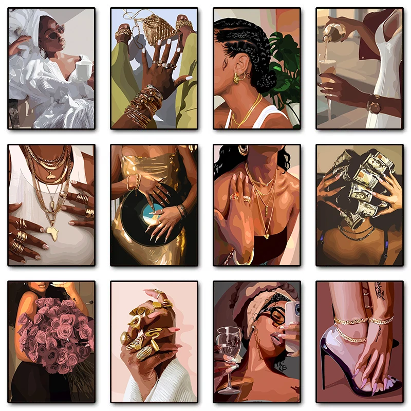 （2D Canvas painting） Fashion Make Up Black Girl African Woman Beautiful Jewelry Nails Poster Canvas Painting Wall Art Picture
