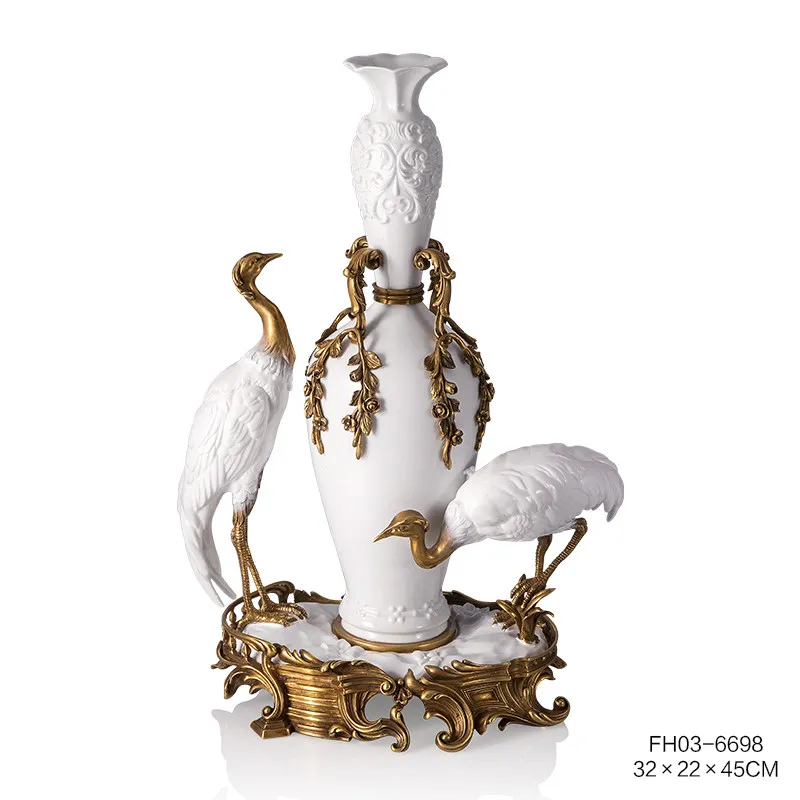 YJQ French-European luxury elegant copper paired with ceramic double crane carved narrow-mouth vase decorative flower vessel