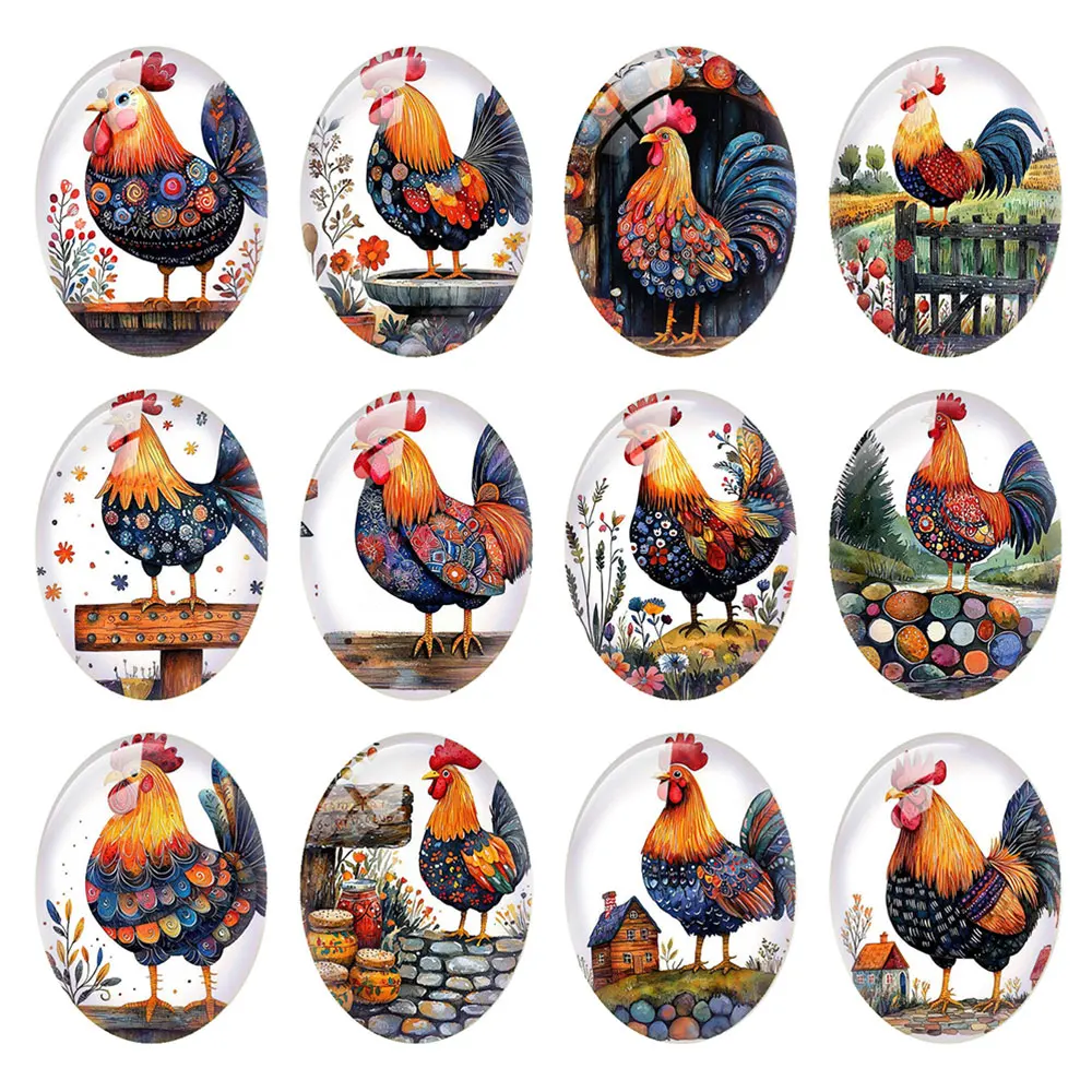 Random Mixed Round/Oval/Square Folk Art Patterned Rooster Farm Photo Glass Cabochon Flatback Demo Cameo For Diy Jewelry Making