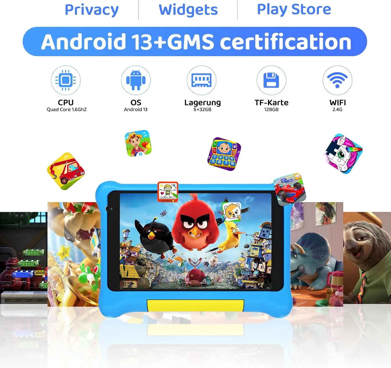 URAO 7 Inch Kid Tablet Android13 5GB RAM 32GB ROM 128GB Expand 5G WiFi 2500mAh Battery Dual Camera Children's Gift Kids Software