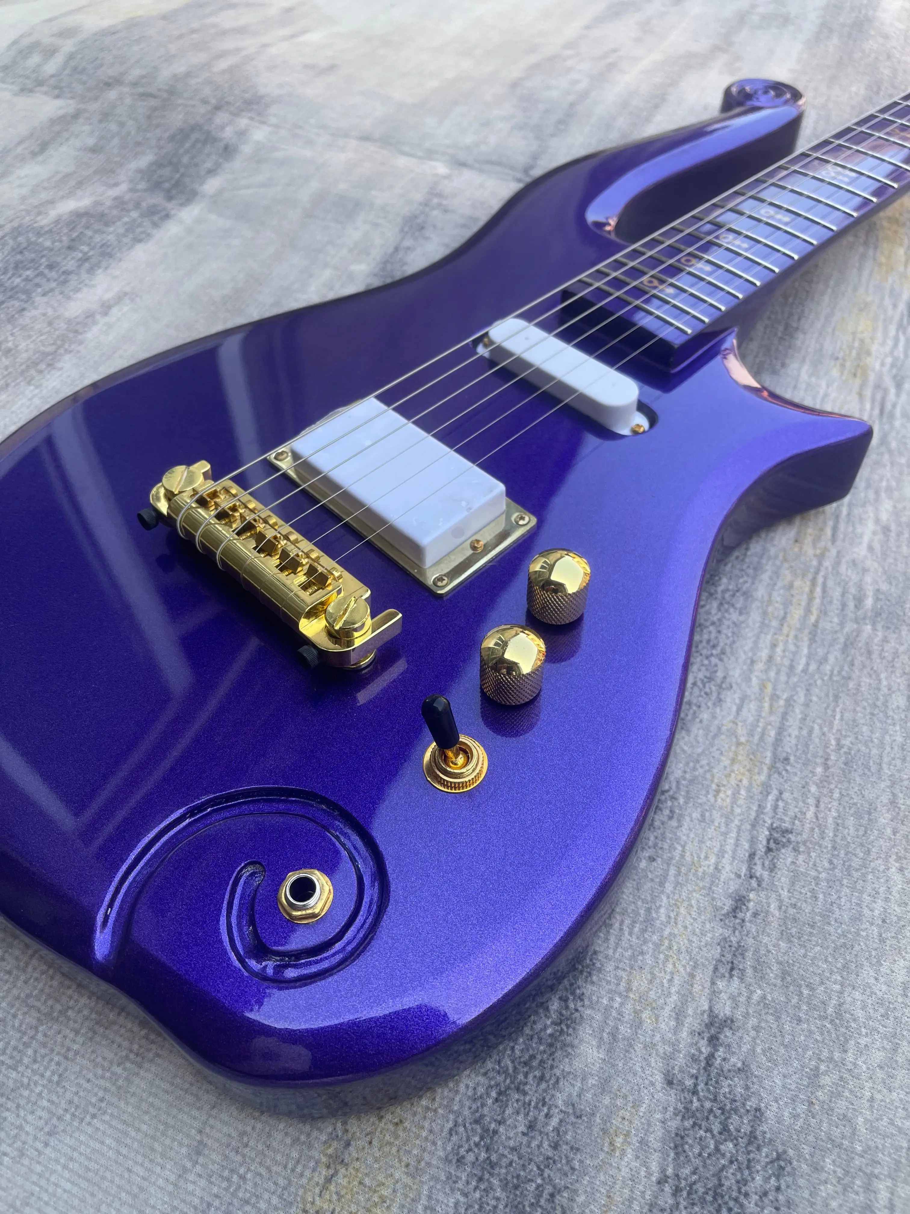 Purple Unique Scroll Curved Fantasy Shape Electric Guitar Single HH Pickups Gold Hardware Vintage Rock Stage Free Shipping
