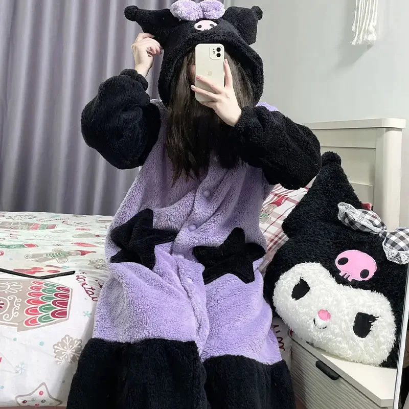 Anime Sanrio Hello Kitty Cinnamoroll Women Plush Robe Cute Pachacoo kuromi Hooded Pajamas Nightgown Winter Warm Homewear Set