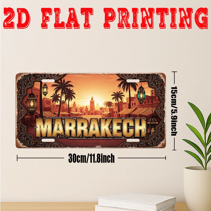 Morocco Marrakech Sunset Souk 2D Flat Printing License Plate Style Metal Tin Sign, North African City Themed Decorative Aluminum view 3