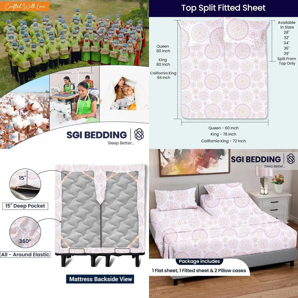 

100% Egyptian Cotton 600-Thread Count Queen Split Top Sheet Set - 4-Piece with 15 Pocket for Deep Mattresses - Boho Mandala Desi