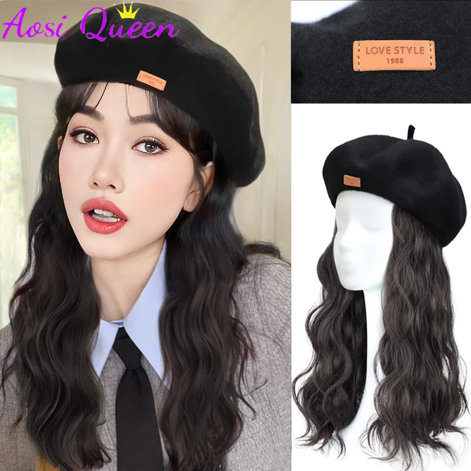 

AS Synthetic Water Ripple Long Curly Hairband Korean Style Beret Hat Wig Fashionable Natural Chemical Fiber Heat-resistant