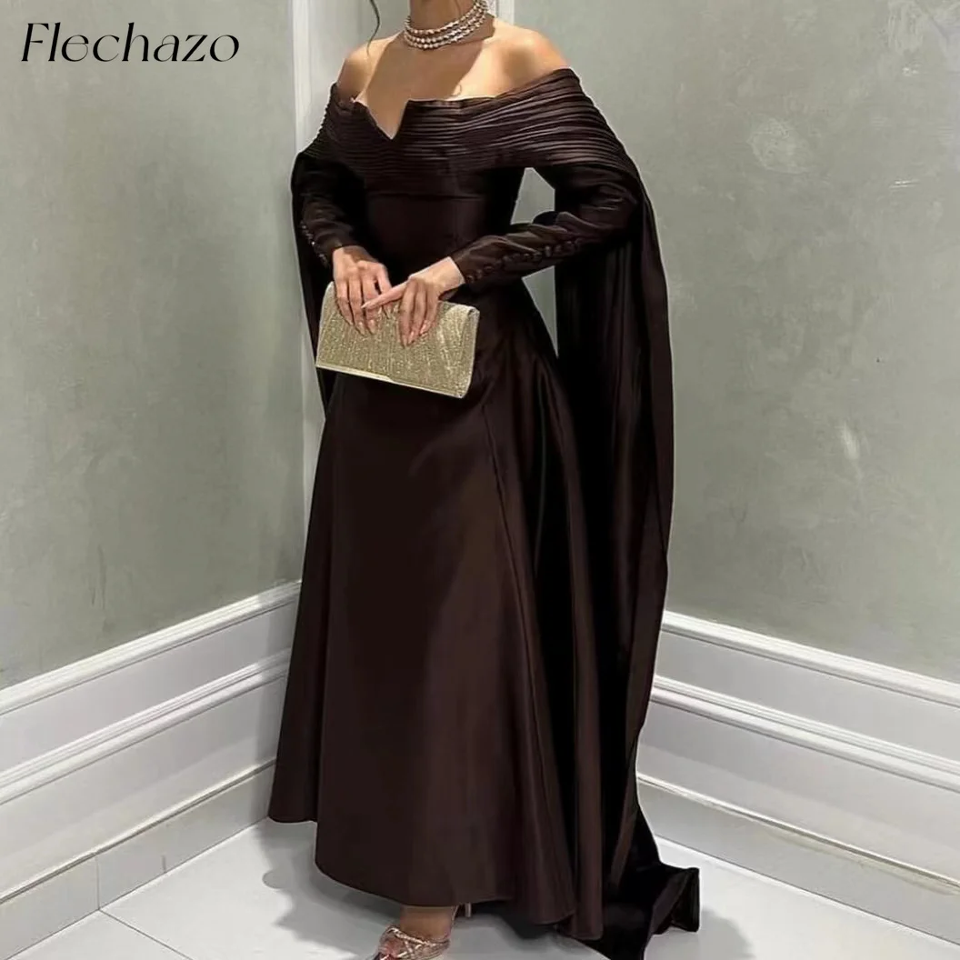 Flechazo Brown Prom Dresses Off Shoulder Pleated Floor-Length Full Sleeves Party Occasion Dress For Women 2024 فساتين السهرة