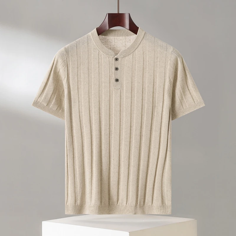 

MVLYFLRT Men's Henry Collar Knitted Short Sleeve T-Shirt Summer 2026 Thin Linen Silk Half Sleeve Fashionable Cool Vest