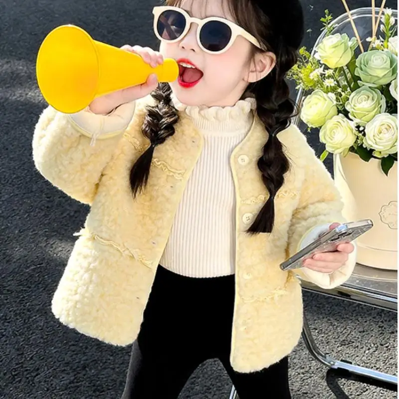 Girls' Warm Little Fragrant Style Coat for Students Autumn and Winter New Item Thick Lamb Wool Coat Girls' Fashionable Soft Tops