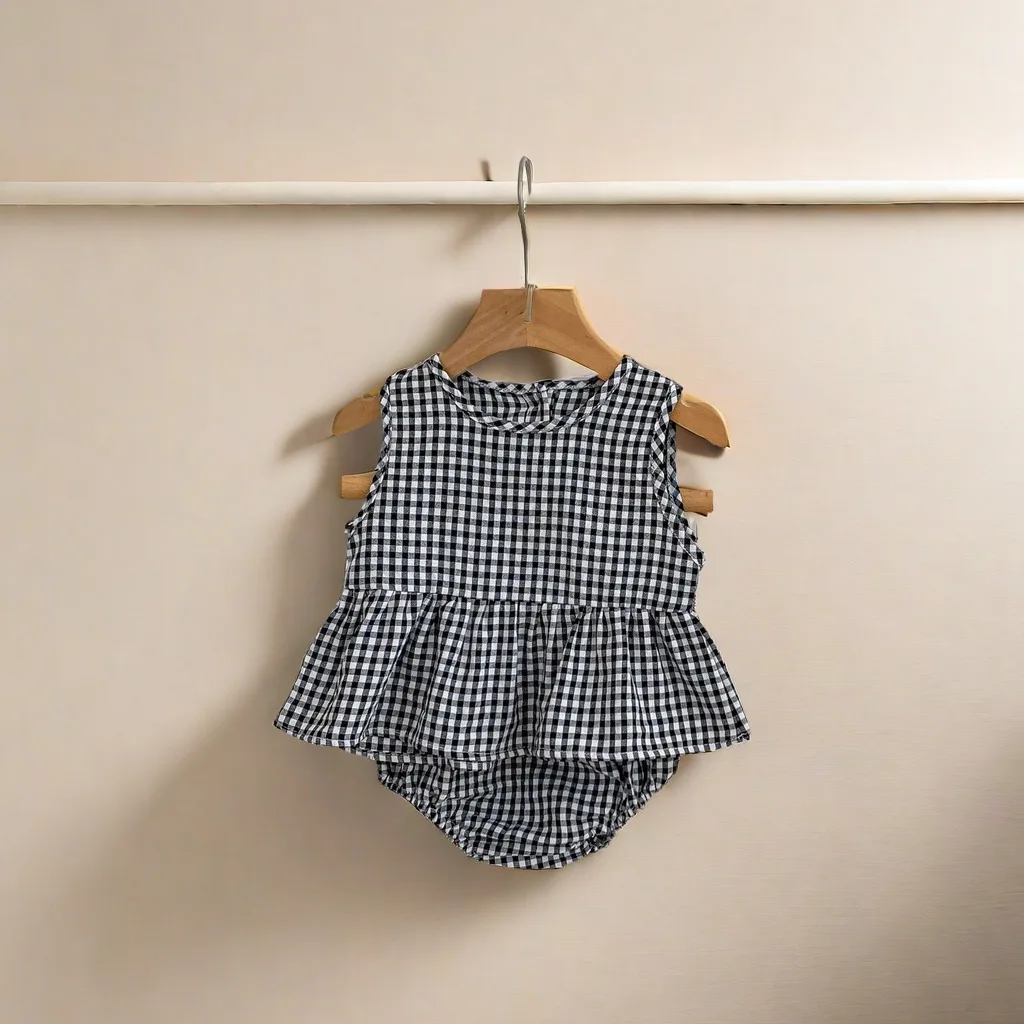 Ins Summer Baby Girls 2pcs Clothing Set Cotton Plaid Ruffle Sleeveless Tops Flower Embroidery PP Shorts Suit Infant Girl Outfit