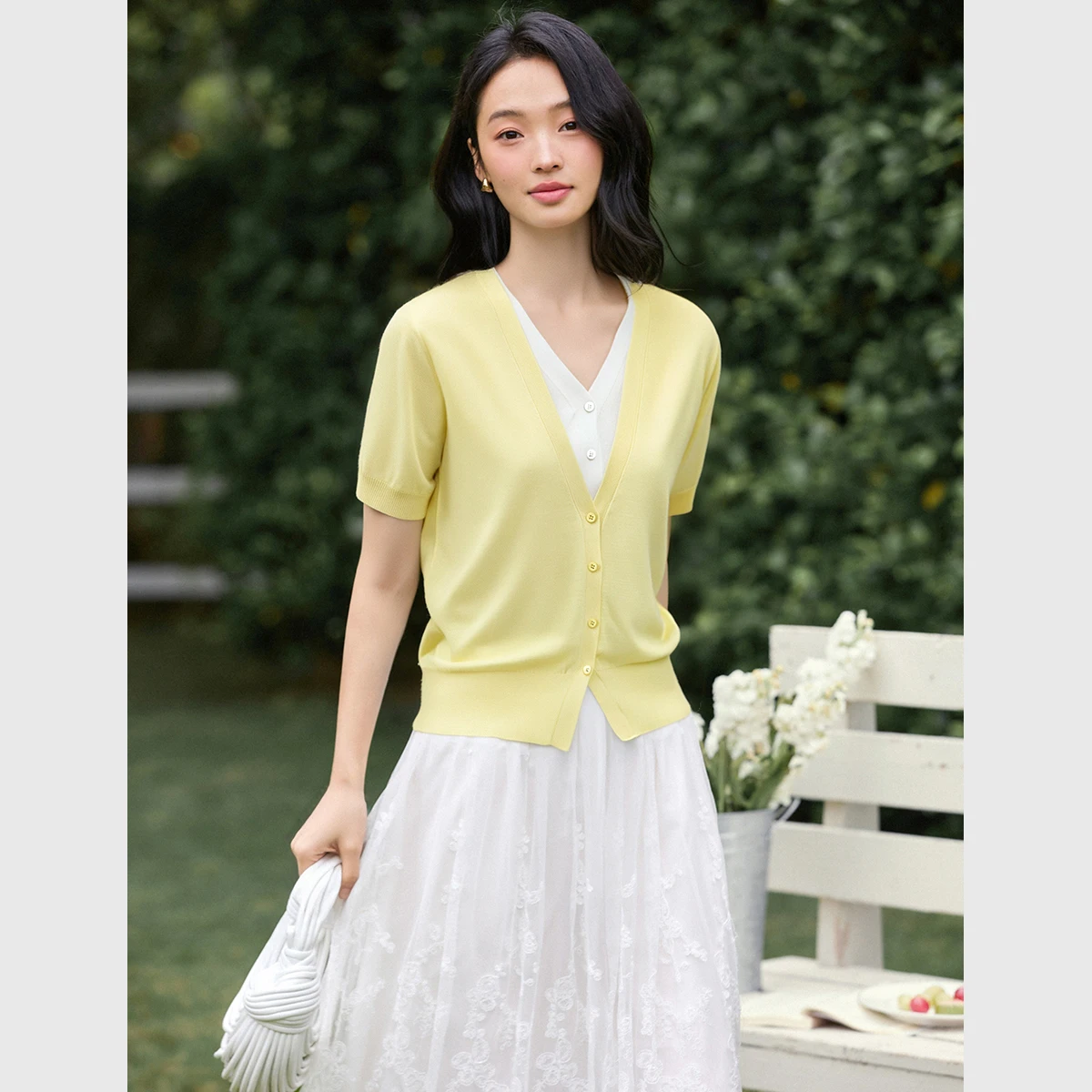 VIMLY Women's Minimalist Fake Two Pieces T-Shirts 2025 Summer Loose Short Sleeve T-shirt Casual O-Neck Cardigan Ladies Top