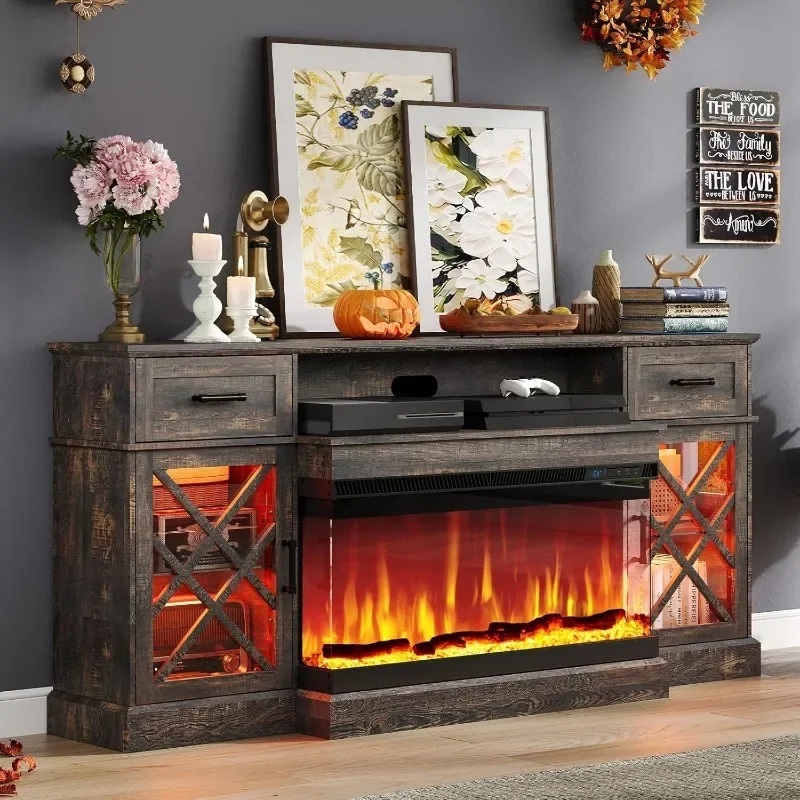 AMERLIFE Farmhouse LED Fireplace TV Stand with 3-Sided Glass Fireplace, 70