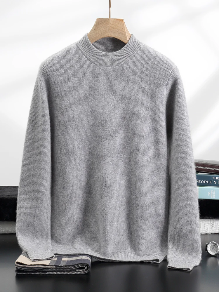 Men Autumn Winter 100% Cashmere Sweater Mock-neck Pullover Smart Casual Cashmere Knitwear Soft Warm Clothing High Quality Tops