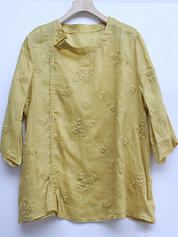 新しい中国風スレ快適な通気性のある刺繍入り麻素材のスベルカラーTシャツ女性用ビジネスカジュアルファッション