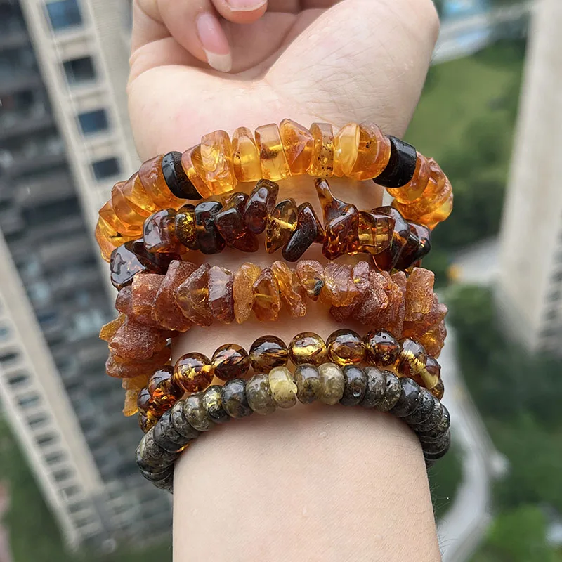 5pcs/lot New 100% Natural Amber Bracelet for Diy Genuine Stone Original Beads Plant Black Floral Healing Natural Jewelry Factory