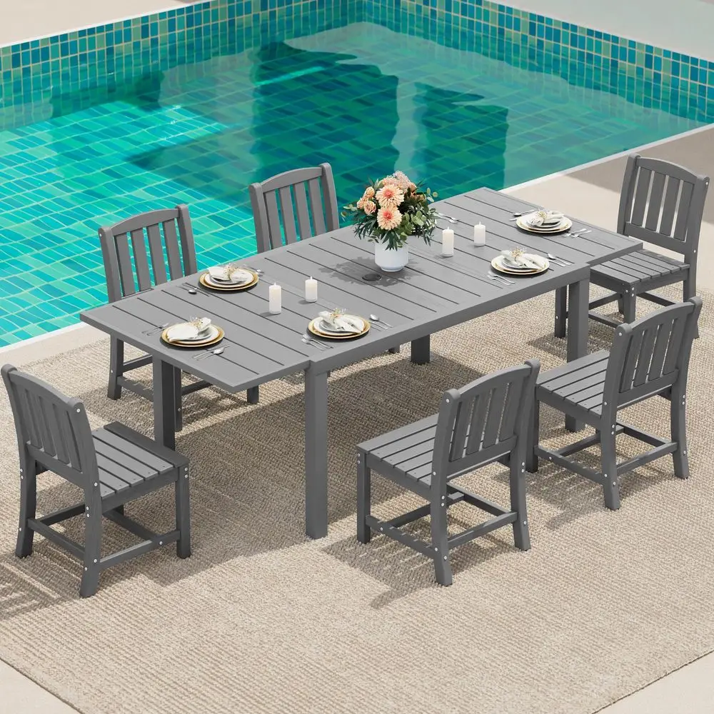

7Piece Outdoor Dining Set, 60 83 Expandable Outdoor Dining Table and 6 HDPE Chairs, All Weather HDPE Outdoor Furniture Set for