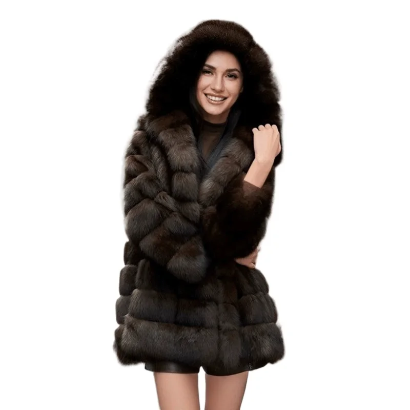2025年ファッションイミテーションミンクファーコートレディースロングフェイクファーオーバーコート冬大きいサイズダークブラウン厚手フード付きゆったりアウター