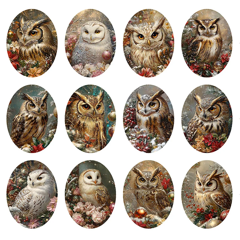 Random Mixed Round/Oval/Square Owls Bird Winter Photo Glass Cabochon Flatback Demo Cameo For Diy Jewelry Making Handmade