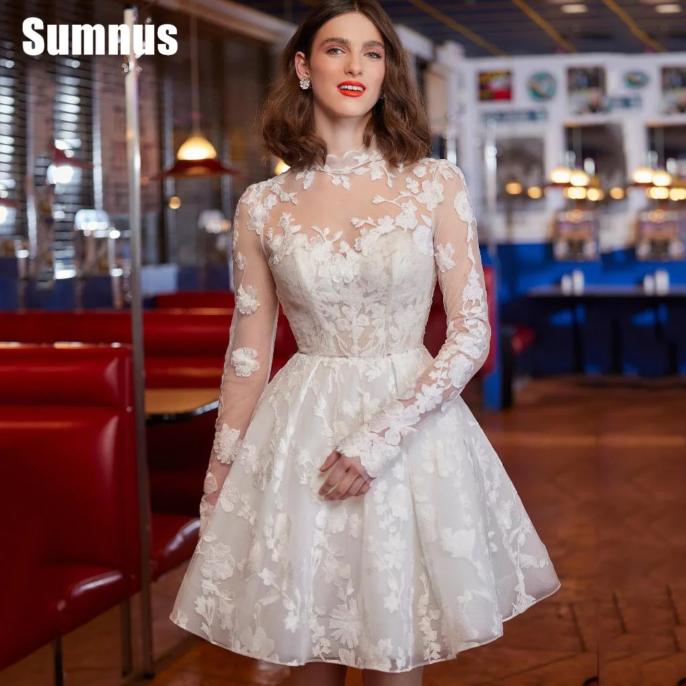 Sumnus Elegant Full Lace Short Wedding Dresses Mini Bride Gowns Country Formal Party Dress With Detachable Long Sleeve Jacket