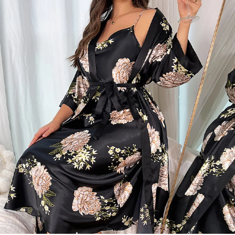 Oversize Female Long Kimono Bathrobe Gown Summer Satin Robe Nightgown Set Sleepwear Loose Print Flower Home Dress Lounge Wear