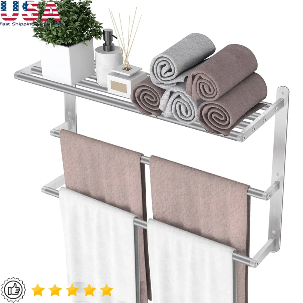 

3-уровневая вешалка для полотенец, настенная полка для полотенец из нержавеющей стали для ванной комнаты, двойной стержень, компактный органайзер, аксессуары для полотенец