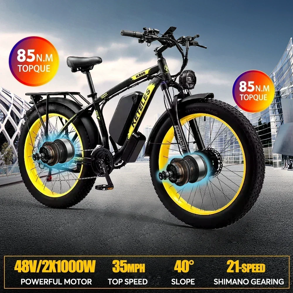 

Ebike 2000W Dual Motor 48V23Ah Removabe Battery Electric Bike 26 Inch Fat Tire Mountain Off-Road City Communing Electric Bicycle