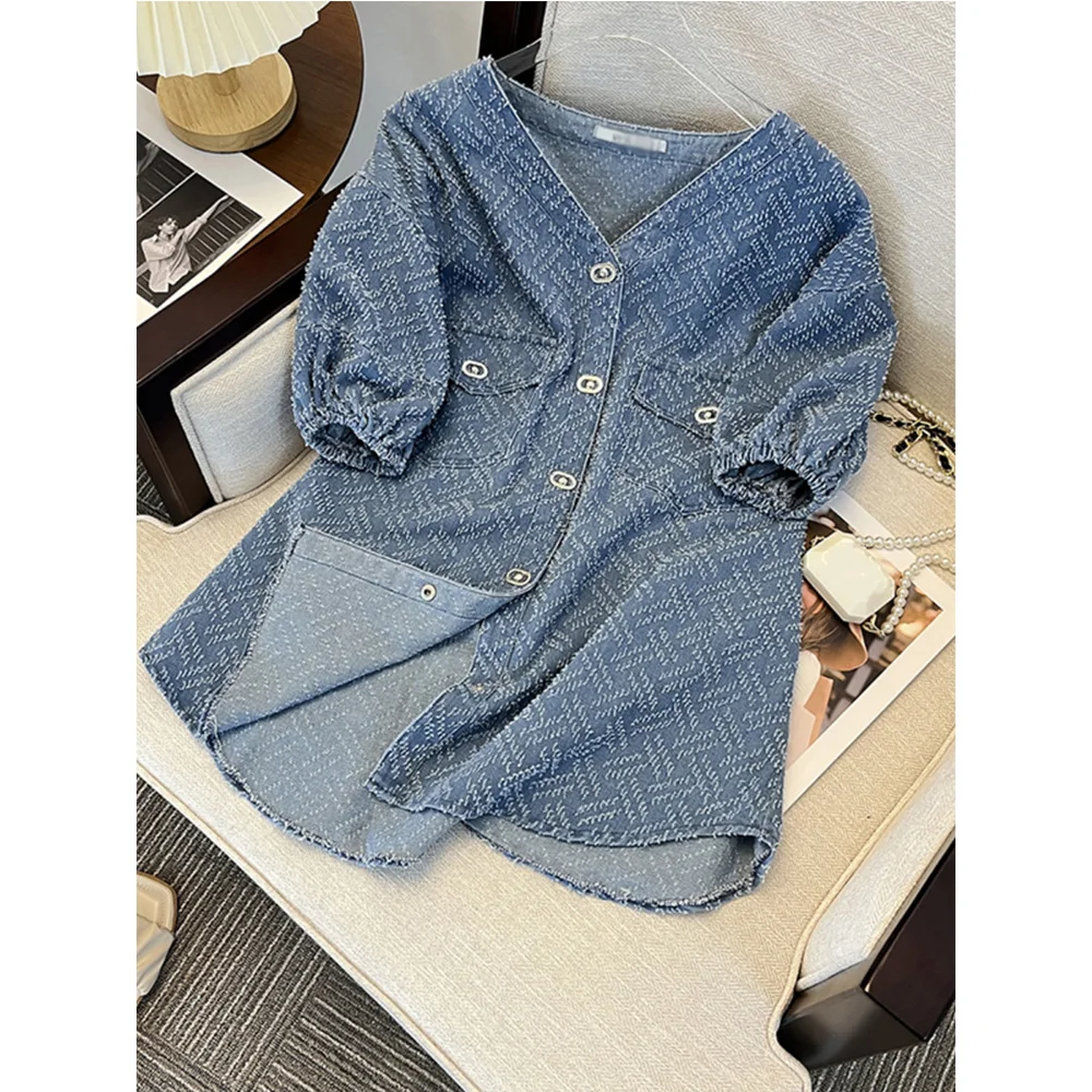 Two Pieces Women Summer Denim Suits Pring V-neck Loose One Breasted Tops Shirts+High Waist Wide Leg Shorts 2pcs Female Sets