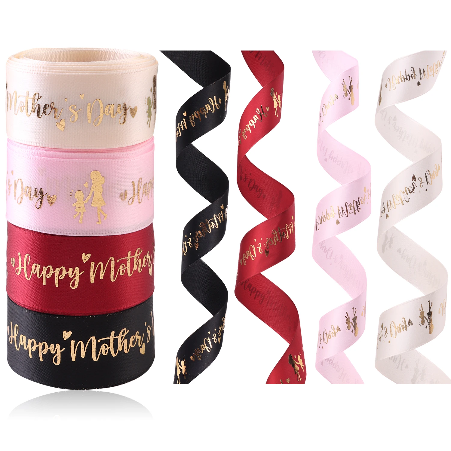 5 Yards Happy Mother\'s Day Ribbon, Pink Red Ribbon for Gift Wrapping, Satin Ribbon for Flower Bouquet Moms Birthday Day Thank