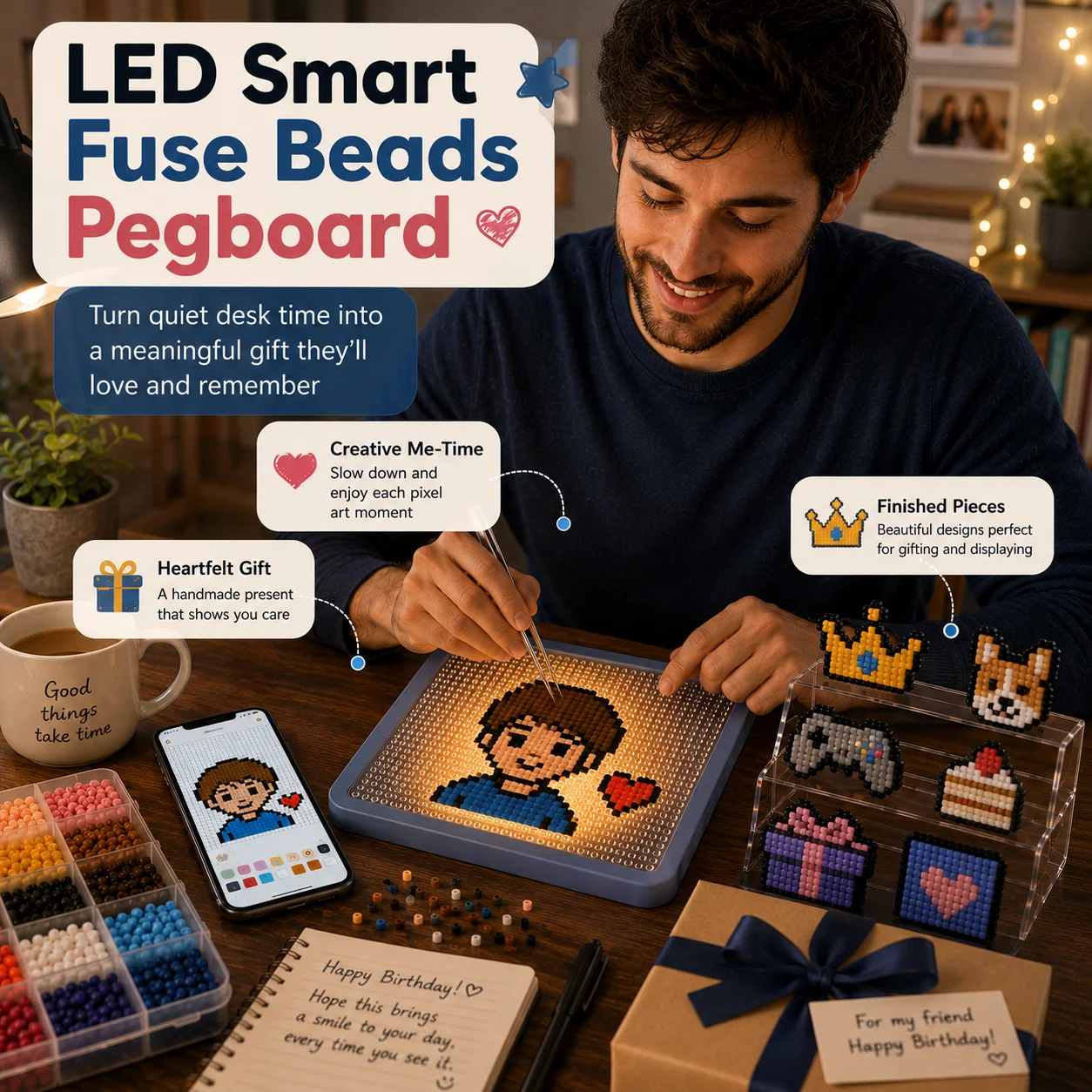 Smart LED Fuse Bead Board DIY Pixel Art Light Board App Guided Pattern Craft Kit Birthday Gift for Kids