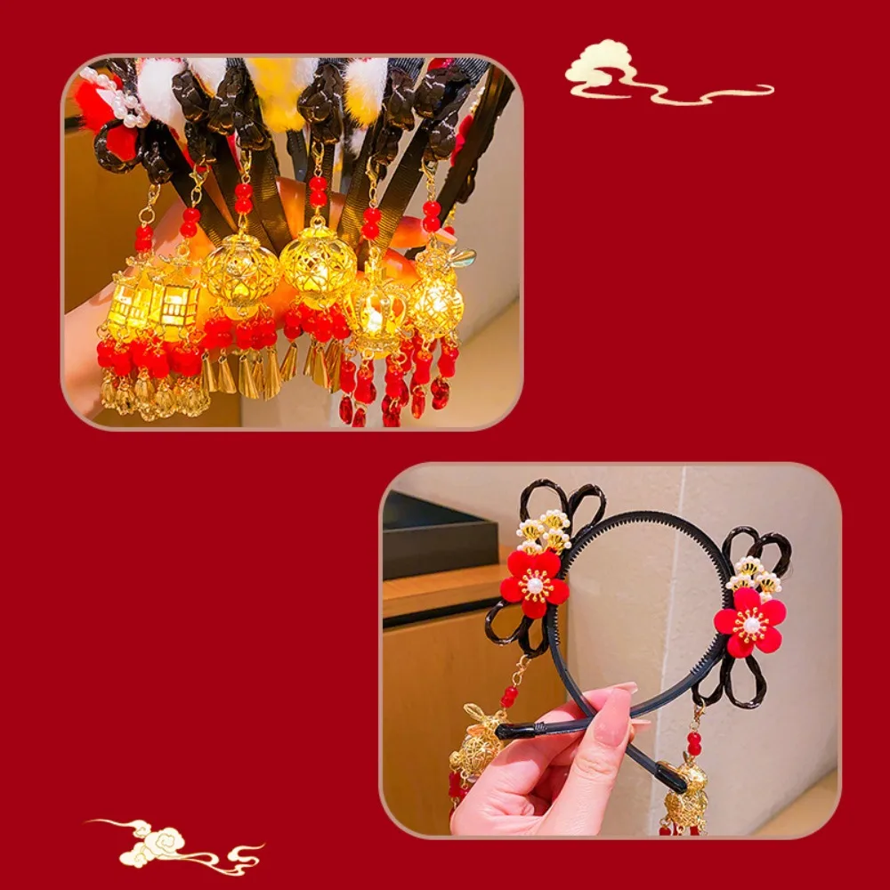 Glowing Hanfu Wig Headband Flower Tassel Plush Lion Luminous Lantern Headband Hair Hoop Red New Year Headdress Children