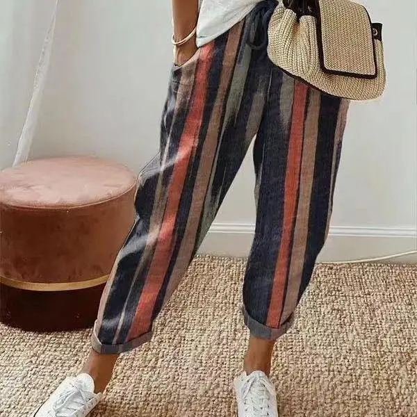 

Женские летние повседневные брюки из хлопка и льна с принтом, прямого кроя, на резинке, свободного кроя, разных размеров