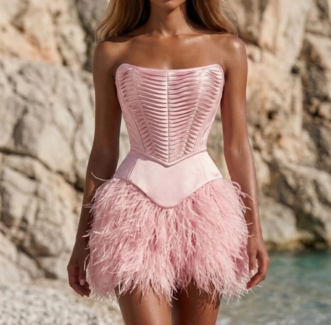 Pink Cocktail Dresses Strapless Short Mini Feather Sexy Homecoming Dresses Prom Gown Customized