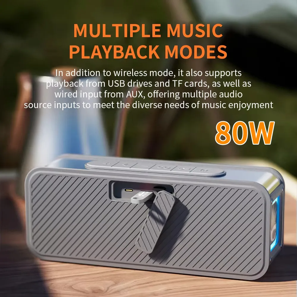 80W Portable Mega Bass Bluetooth Speaker Wireless Bluetooth Lossless High Fidelity Loudspeaker Support TF Card Playback Soundbar