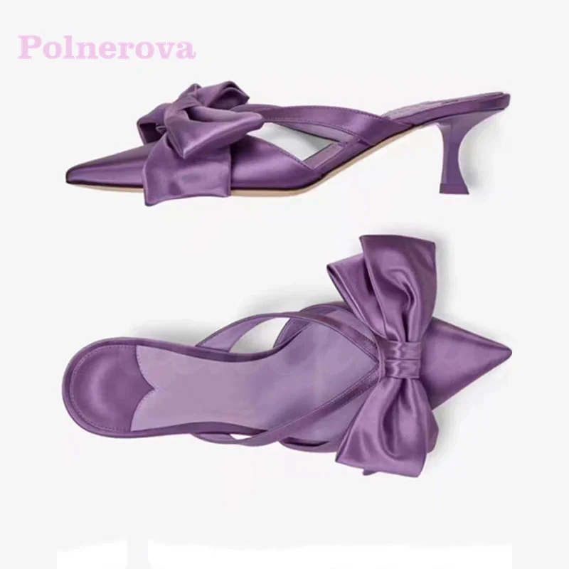 

Silk Surface Bowknot Shallow Mouth Muller Shoes Pointed Toe Sandals Slippers Women's Stiletto Purple Thin Strap Baotou Slippers