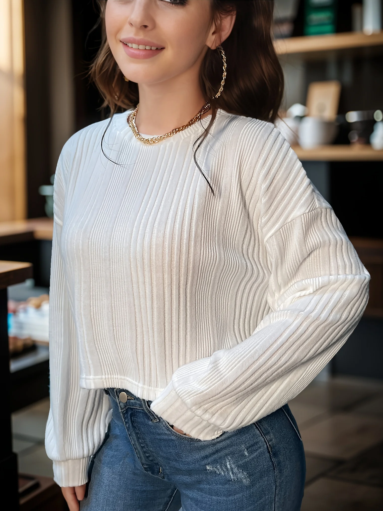 Elegant Fashionable Women's White Overhead Sweater Stylish Chic Ladies' Top
