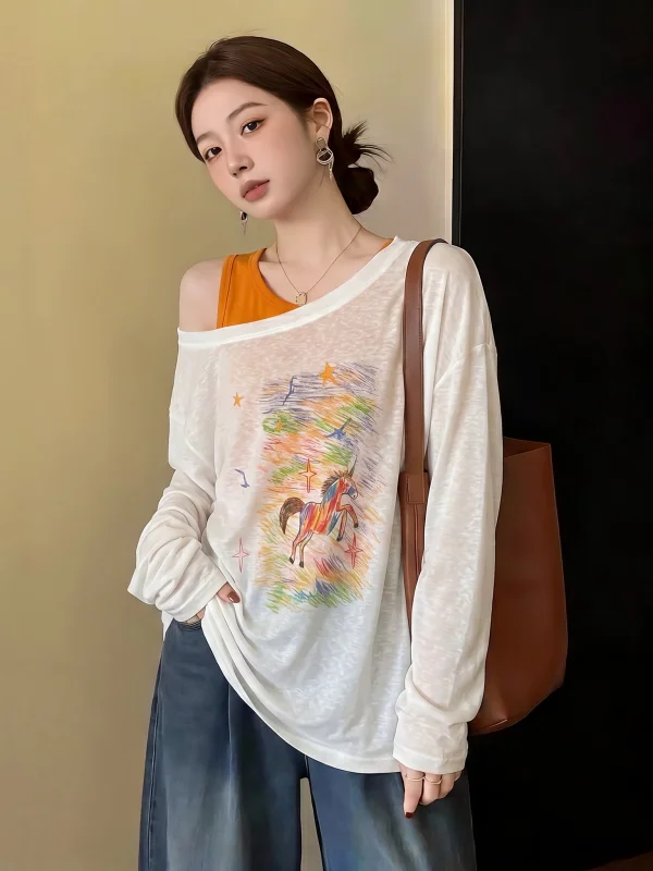 Women's Summer Orange Pumpkin Strap Vest Outerwear Sun Protection Top Two-Piece Set Loose Fit Long Sleeve round Neck T-Shirt
