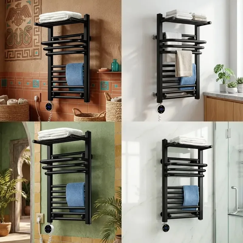 Space Saving Vertical Black Plug in Heated Towel Warmer Hotel Floor to Ceiling Stainless Steel Storage Rack