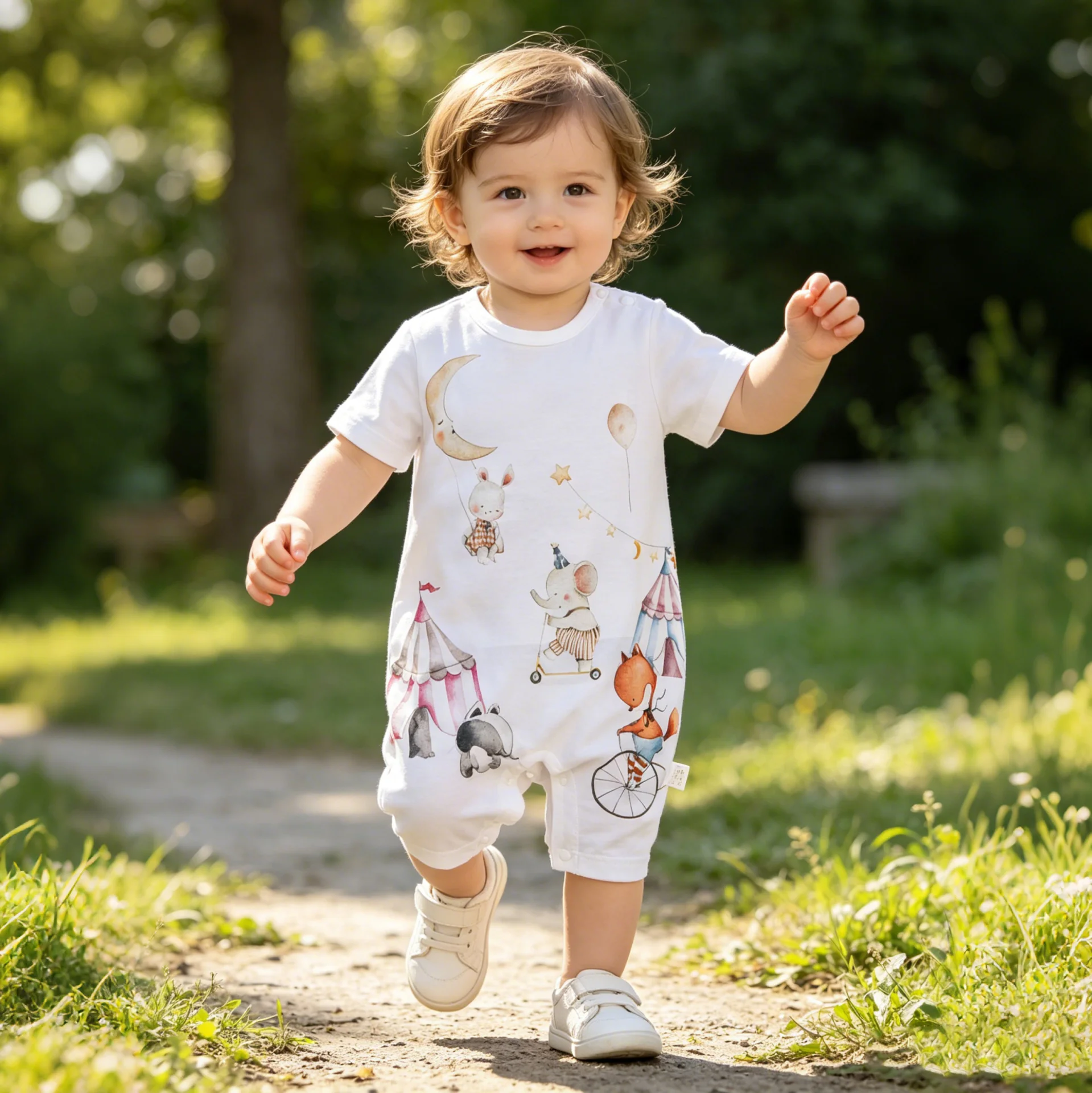 Baby Romper Watercolor Animal/Circus/Dinosaur Print Infant Short Sleeve Jumpsuit