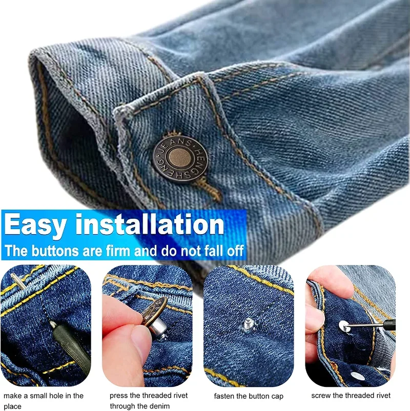 10PCS Detachable Jeans Buttons Adjustable Free Waist Retro Metal Button No Sewing Pants Buckles Screw Nail Repair Kit Send Tools