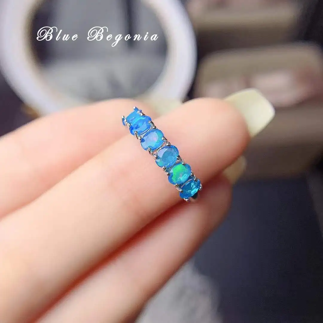 Natural Blue Opal Ring for Women Anniversary Gift 3*4mm Genuine Gemstone Rings Jewelry 925 Sterling Silver