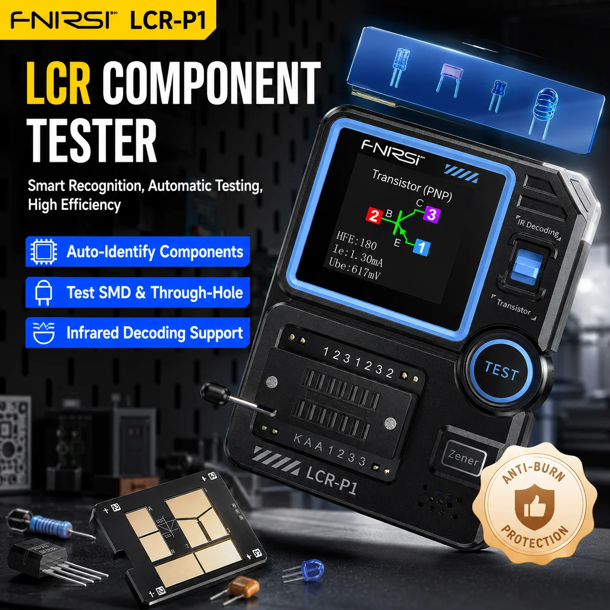 FNIRSI LCR-P1 Multifunctional Transistor Tester LCR ESR Meter Capacitance Resistance Inductance Diode Triode NPN PNP MOSFET