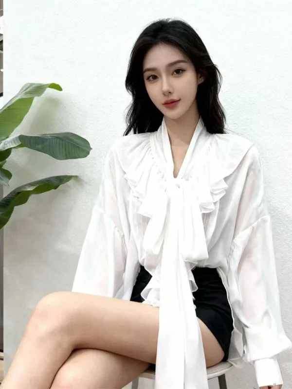 

Retro White Long Sve irt Women's Spring Knot Tie Belted Blouse Korean Sle Loose Fit Splice Design Wear Resis...