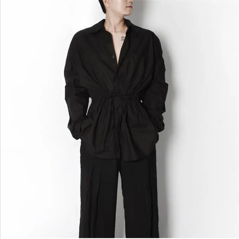 Korean Men's Plus Size Coat Tight Waist Slim Cotton Long Sleeve Shirt Spring All-match Loose Solid Color Fashion Casual Clothes